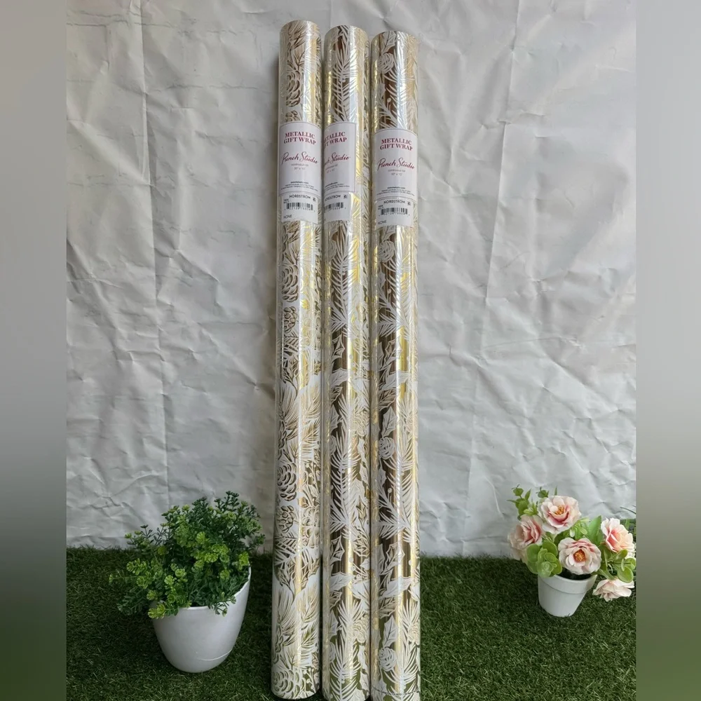 PUNCH STUDIO Christmas Gift Wrap Paper Roll Lot of 3 New Gold and White 30 X 10